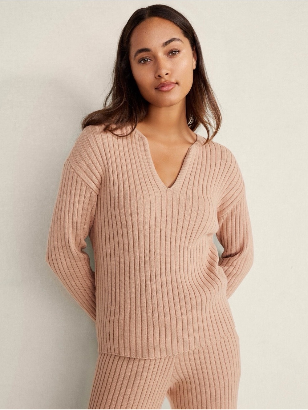 Haven Well Within - Ribbed V-Neck Sweater in Beige (medium)